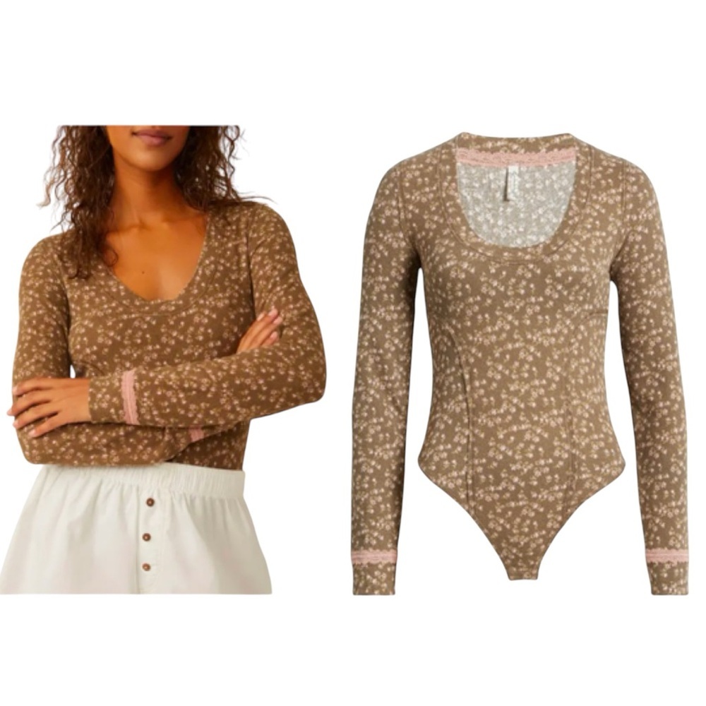 Free People Floral Lace Sugar Dreams Thermal Knit Bodysuit Thong Long Sleeve Top